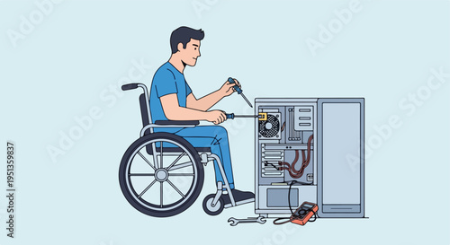 Person in wheelchair repairs computer with tools and multimeter