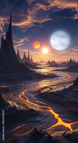 A Volcanic Alien World Under a Triple Sunset Sky.
