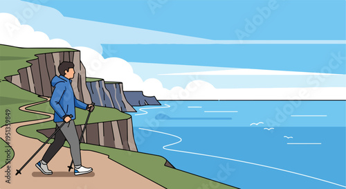 A person Nordic walking along a coastal path with cliffs and the sea