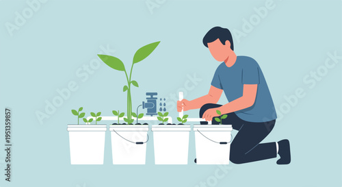A person tends to young plants growing in white buckets with a watering system