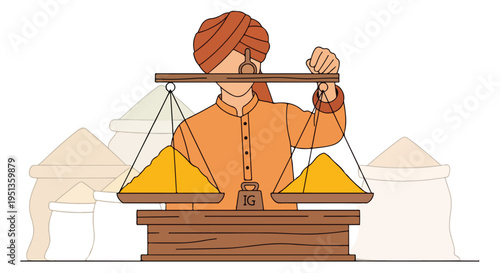Person wearing a turban weighs yellow powder on scales, sacks in background