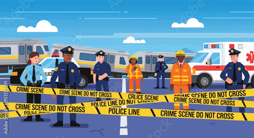 Emergency responders secure a scene with police tape and vehicles