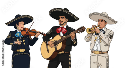 A musical trio dressed in traditional mariachi attire, playing instruments