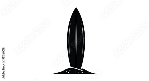 Simple black surfboard standing on sand a striking silhouette