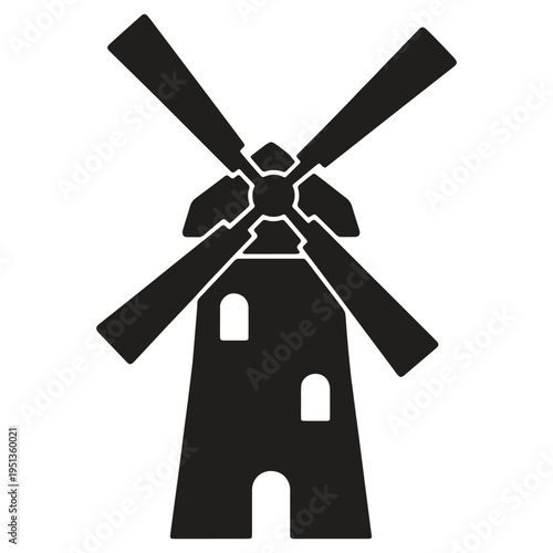 Simple flat windmill icon with four blades and simple architecture isolated on transparent background