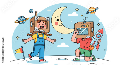 Children dressed as astronauts on a fantastical moon, holding a rocket