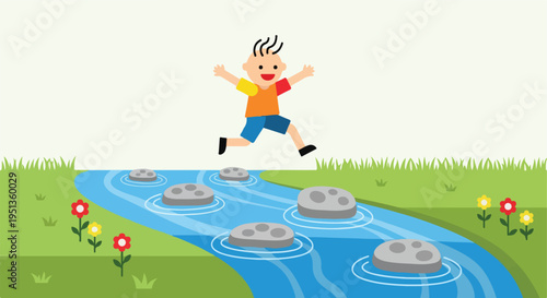 A joyful child leaps across rocks in a stream on a sunny day