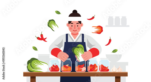 A person in traditional attire prepares kimchi in glass jars with bok choy and chilies