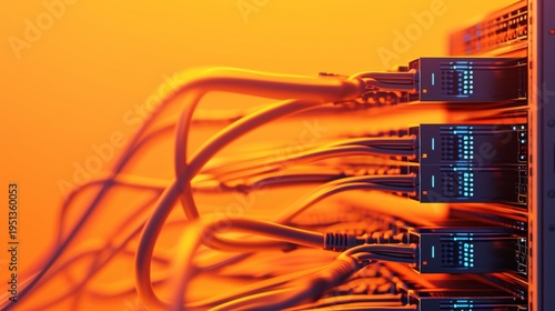 High-speed network cables connected to data center servers with vibrant orange cinematic lighting. This detailed 3D render illustrates cloud computing and connectivity. AI Generated.