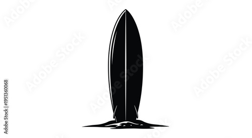 Elegant surfboard stands vertically against a white background silhouette