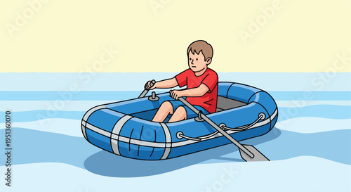 A boy rows an inflatable boat on calm blue water under a yellow sky