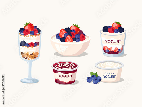 Set of delicious yogurt and berry desserts with granola and fresh fruits vector illustration.