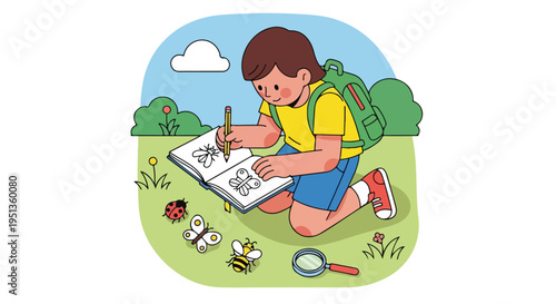 Child with backpack draws insects in a notebook while outdoors with a magnifying glass