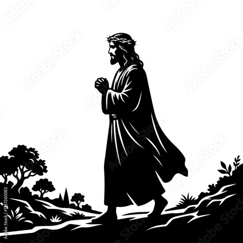 Jesus Christ walking in nature silhouette vector illustration, spiritual and religious concept