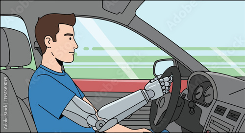 Human with prosthetic arm drives car, future transportation concept