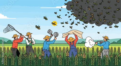 Farmers combat a swarm of insects attacking a wheat field with nets, pans, and sprayers