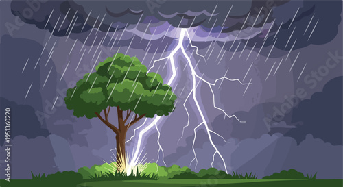 A solitary tree is struck by lightning during a violent thunderstorm with heavy rain