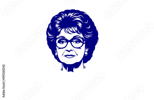 Elderly 1980s TV Star with Spectacles Silhouette, Classic Television Matriarch Vector Sticker, Volumetric Hair Wisdom Icon