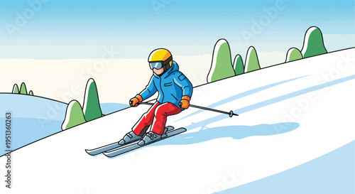 Person skiing down a snow-covered slope with trees in the background