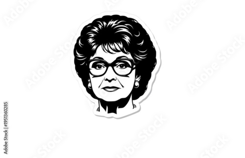 Elderly 1980s TV Star with Spectacles Silhouette, Classic Television Matriarch Vector Sticker, Volumetric Hair Wisdom Icon