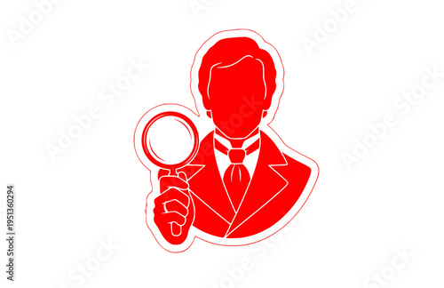 Sophisticated 1970s European TV Inspector Silhouette, Classic Mystery Show Vector Sticker, Cravat and Magnifying Glass Illustration