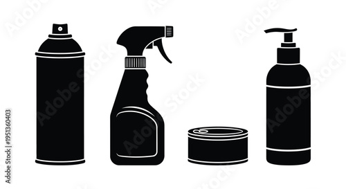 Black silhouettes of cleaning products and aerosol cans simple outline silhouette