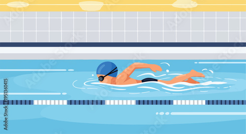 A person swims freestyle in a brightly lit indoor swimming pool with lane markers (1)