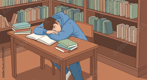 Young person slumps asleep over books in a library, surrounded by shelves