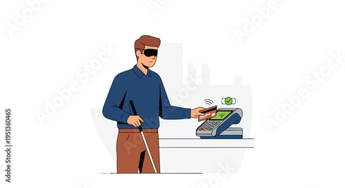Visually impaired person uses a credit card for contactless payment at a terminal