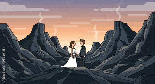 A couple in wedding attire stands facing each other amidst a dramatic rocky landscape under a colorful sky
