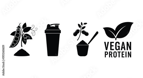 Vegan protein sources depicted with plant and container imagery silhouette