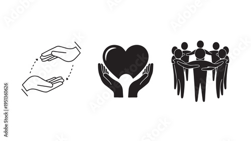Black Icons Of Hands Holding Heart And Group Of People For Charity And Community Concepts