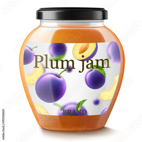 Glass jar with plum jam isolated on white background. Jar of marmalade from juicy blue plums. fresh fruits with leaves. Organic food. Label mockup for jam. Realistic 3d vector illustration
