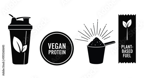 Vegan protein sources depicted as bold black silhouettes