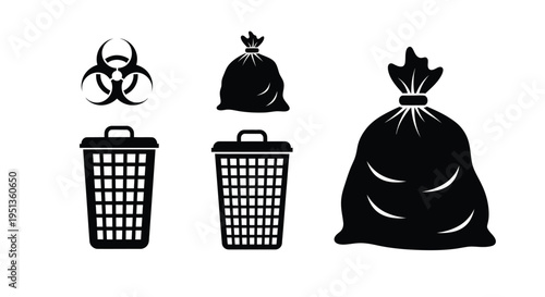 Black icons depicting biohazard trash bags and waste containers silhouette