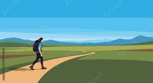 A lone hiker treks along a winding path through rolling hills