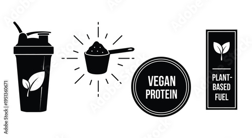 Vegan protein supplements and botanical elements in black silhouette