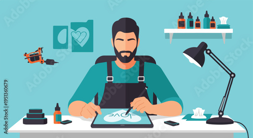 Bearded artist in apron designs heart on tablet with tattoo machine, inks, and lamp