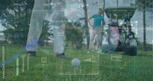 Animation of statistics and data processing over legs of male golf player with golf club and ball