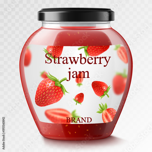 Strawberry jam in a glass jar and fresh berries isolated on white background. Realistic 3d Vector illustration of sweet homemade preserve. Preserved strawberry Compote or Jam, confiture or marmalade .