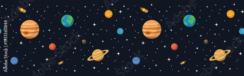Cute seamless space pattern with planets, stars and comets