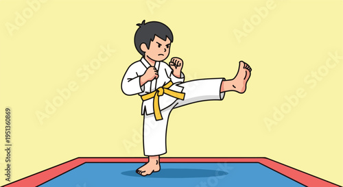 Young martial artist in white uniform with yellow belt executes a front kick on a blue mat