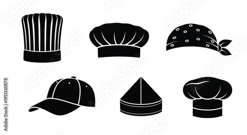 Assorted headwear designs in black including chef hats and caps silhouette