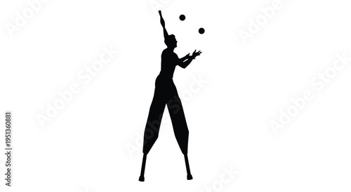 A juggler dynamically tosses balls in a striking black silhouette