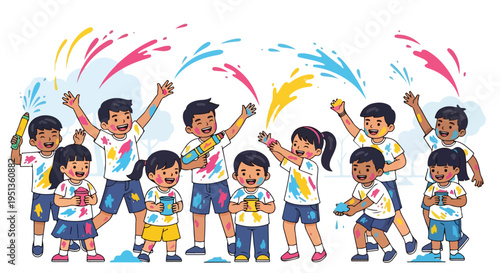 Joyful children celebrate with vibrant colors, playing with water guns and powder