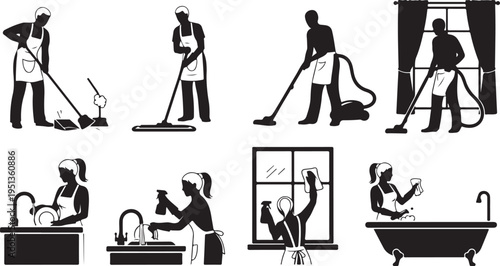 Silhouette of various cleaning activities and household chores