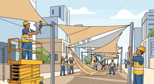 Construction workers install large sunshades over a city street with modern buildings