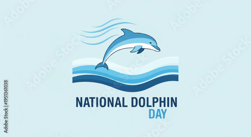 National dolphin day logo with jumping dolphin on ocean waves celebrating marine conservation and awareness on a light blue background