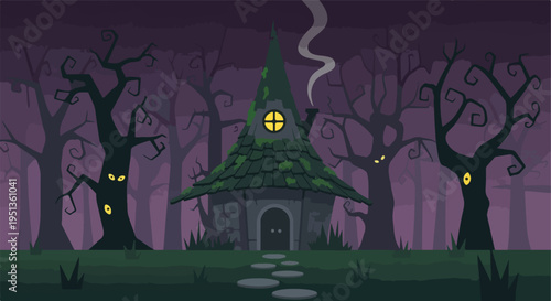 Spooky, gnarled trees surround a moss-covered cottage with a glowing window