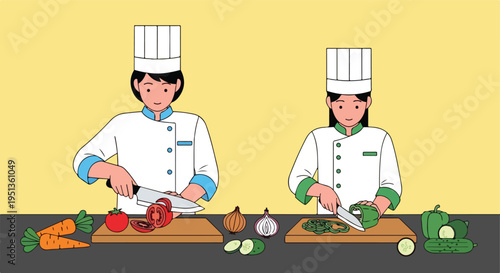 Two chefs in uniform preparing vegetables on wooden boards with a yellow background